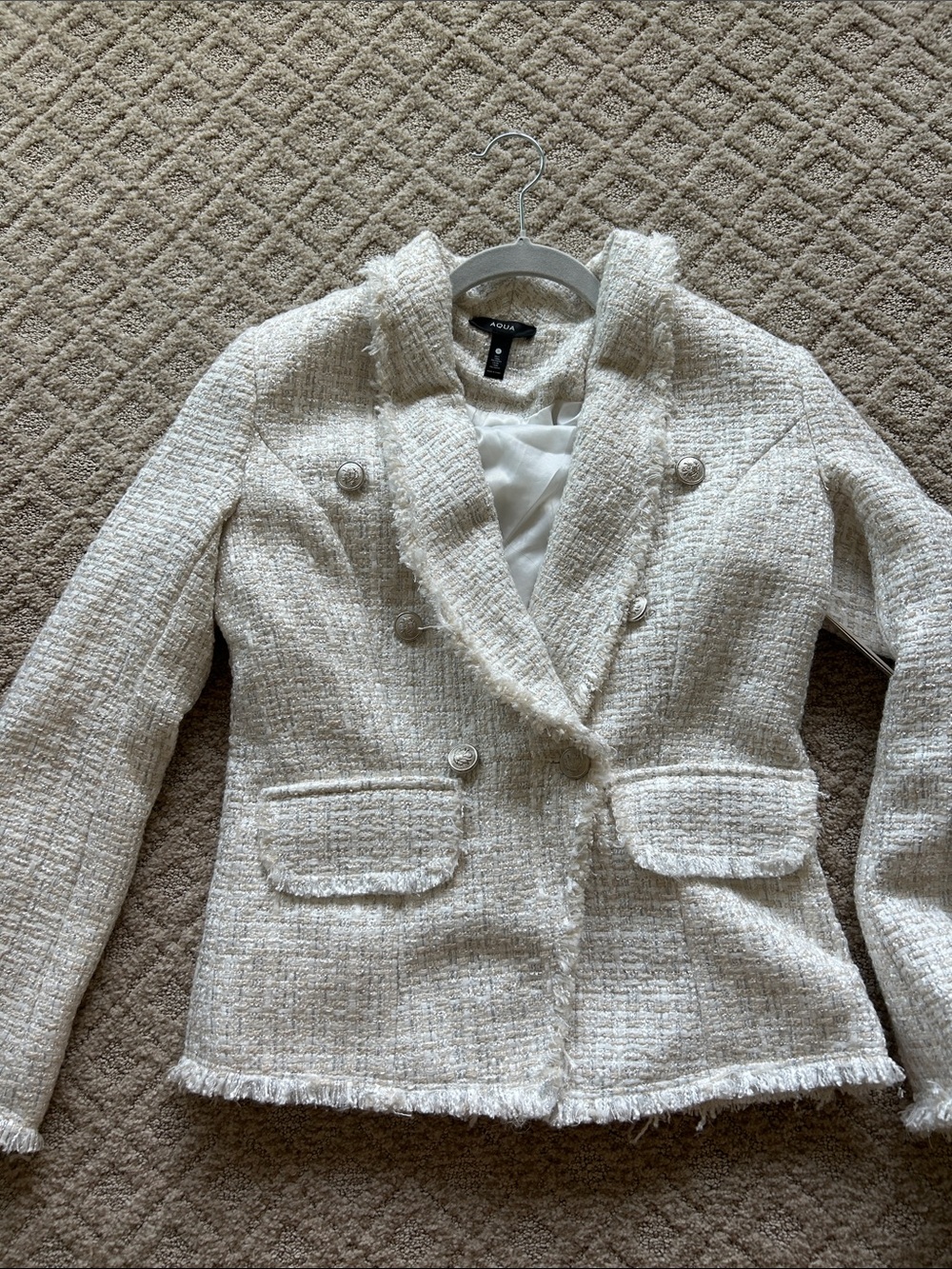 NWT Aqua silver and white tweed Double-Breasted Blazer. Sz small.